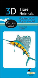 A colorful 3D paper model kit of a sailfish by fridolin, featuring vibrant blue, yellow, and black colors. The package includes instructions for assembly, aimed at enhancing creativity and fine motor skills through hands-on crafting.