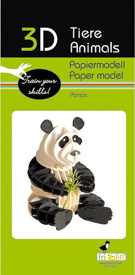 3D Paper Model Panda DIY kit by fridolin featuring a cute, assembled panda holding bamboo. Ideal for creative projects and skill development.