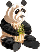 A detailed 3D paper model of a panda holding a piece of bamboo. The panda is crafted from layered paper, showcasing black and white colors and lifelike features. It is positioned sitting down, with a playful expression, making it an ideal decoration or DIY craft project for animal lovers.