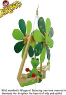 The Wupper Frog Boat by Wupper Airlines features a playful green frog seated in a wooden boat, surrounded by large green flower-like propellers. The whimsical design is perfect for brightening any space, enchanting both kids and adults alike.