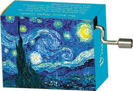 A vibrant blue music box featuring the iconic artwork 'The Starry Night' by Vincent van Gogh. The box includes a hand crank for playing a tune, with lush swirling stars and a nighttime sky depicted on its surface, celebrating the masterpiece from 1889.