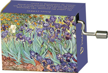 Van Gogh Blue Iris music box featuring a vibrant design inspired by Van Gogh's famous 'Iris' painting. The box is adorned with various shades of blue and purple irises, set against a colorful background, and includes a classic hand-crank mechanism for playing enchanting music.