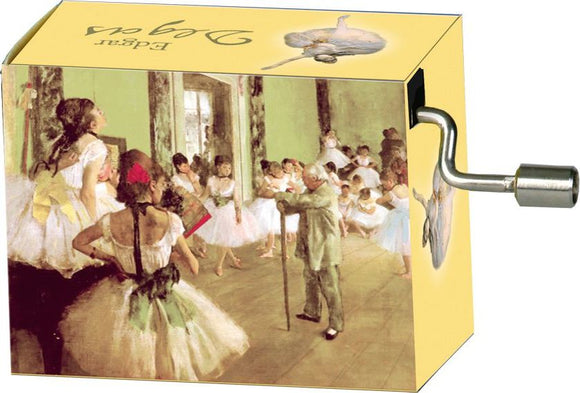 Degas Dance Class Music Box by Fridolin features a colorful design inspired by Edgar Degas's famous ballet painting, capturing a dance class scene with ballet dancers and a teacher, creating a nostalgic and artistic ambiance.