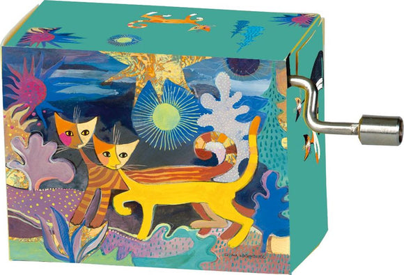 A colorful Wonderland Music Box featuring whimsical artwork of cats and oceanic elements. The box has a hand-crank mechanism and plays Eine Kleine Nachtmusik, making it a delightful collectible or gift for music lovers.