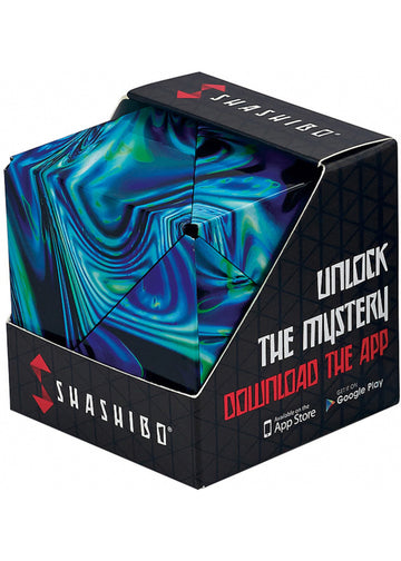 The Shashibo Mystic Ocean, a mesmerizing mechanical puzzle, showcases a vibrant blue and green marbled design. It comes in a sleek black box with the Shashibo logo and instructions to unlock the mystery, highlighting its interactive features. Perfect for stimulating creativity and problem-solving skills.