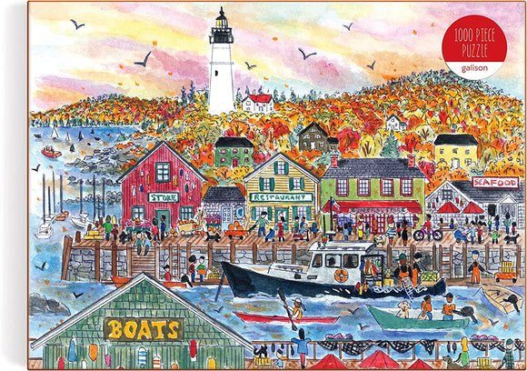 Michael Storrings Autumn jigsaw puzzle featuring a vibrant autumn waterfront scene with colorful trees, bustling shops, boats in the water, and people enjoying the scenery. The puzzle contains 1000 pieces, perfect for family fun or a cozy night in.
