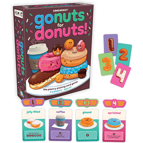 Go Nuts for Donuts game by Gamewright featuring colorful box art with cartoon donut characters. The game includes numbered cards and various donut types: jelly-filled, coffee, glazed, and sprinkled. Suitable for 2-6 players ages 8 and up.