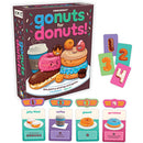 Go Nuts for Donuts game by Gamewright featuring colorful box art with cartoon donut characters. The game includes numbered cards and various donut types: jelly-filled, coffee, glazed, and sprinkled. Suitable for 2-6 players ages 8 and up.