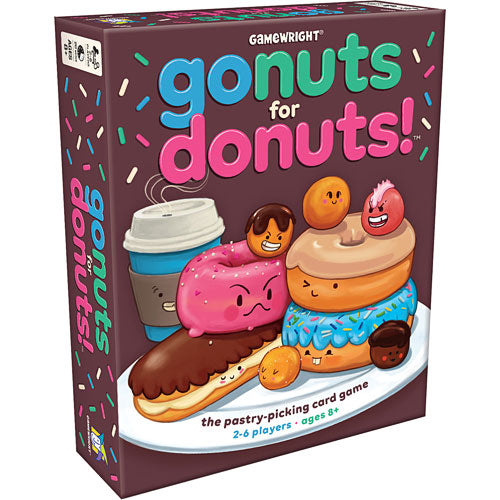 A colorful game box for 'Go Nuts for Donuts' by Gamewright. The box features cartoon-style donuts in vibrant colors, a coffee cup, and playful characters on the donuts. It is designed for 2-6 players aged 8 and older, emphasizing its fun and engaging nature.