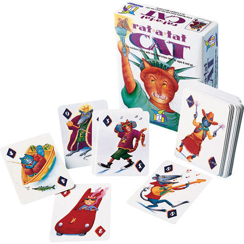 The Rat-a-Tat Cat card game by Gamewright, featuring vibrant illustrated cards depicting cartoon animals and characters engaged in various activities. The game box showcases the title prominently alongside playful graphics, emphasizing fun and excitement. Ideal for family game nights and children aged 5 and up.
