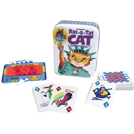 Rat-a-Tat Cat game by Gamewright. The image showcases a colorful tin box with a playful cat character on the lid. Inside, there are various cards, including instruction cards and illustrated playing cards featuring whimsical characters and numbers. The card visuals are vibrant, appealing to kids and families, making it a perfect game for fun gatherings.