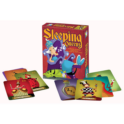 Sleeping Queens card game box featuring colorful illustrations of queens and characters. The game includes various cards with playful designs, set against a light background.