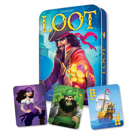 Loot board game by Gamewright, featuring a vibrant cover with a pirate holding a pouch of coins. Included are illustrated character cards showing a pirate, a ship, and a female character. The game encourages strategy and competition as players strive to gather treasure.