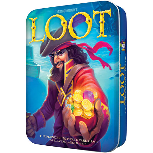 The product features the game 'Loot' created by Gamewright. The packaging shows a colorful design with a pirate holding gold coins, emphasizing the adventurous theme of the game. It's suitable for 2-8 players aged 10 and up, promoting teamwork and strategy.