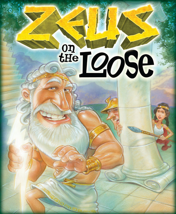 The game 'Zeus on the Loose' by Gamewright features a colorful illustration of Zeus, a muscular, white-bearded figure in a toga, playfully holding a lightning bolt. Behind him, two characters observe with expressions of surprise and determination, amidst a backdrop of classical columns and greenery, highlighting the game's playful yet mythological theme.