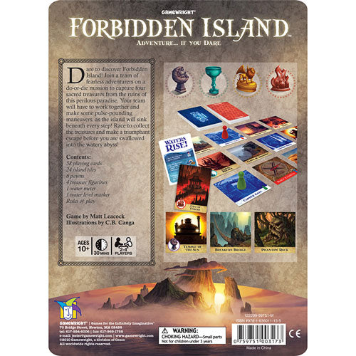 The back of the Forbidden Island board game box by Gamewright, featuring an adventure theme. It showcases illustrations of game pieces, including characters and island cards, along with a brief description of gameplay mechanics and content details. The design emphasizes a tropical island setting with vibrant colors and exciting imagery, aimed at players aged 10 and up.