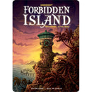 Forbidden Island game by Gamewright features an adventurous artwork depicting a lighthouse on a fantastical island coastline, surrounded by lush vegetation and ocean waves. The game is suitable for 2-4 players aged 10 and up, encouraging teamwork and strategy to escape the island.