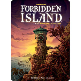 Forbidden Island game by Gamewright features an adventurous artwork depicting a lighthouse on a fantastical island coastline, surrounded by lush vegetation and ocean waves. The game is suitable for 2-4 players aged 10 and up, encouraging teamwork and strategy to escape the island.