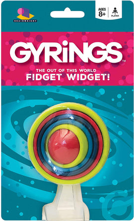 The GYRiNGS Fidget Widget by Brainwright is a colorful fidget toy featuring concentric rings in red, yellow, and blue. It's designed to stimulate the senses and help relieve stress, making it perfect for kids and adults alike.