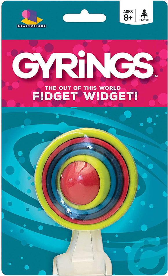 The GYRiNGS Fidget Widget by Brainwright is a colorful fidget toy featuring concentric rings in red, yellow, and blue. It's designed to stimulate the senses and help relieve stress, making it perfect for kids and adults alike.