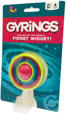 The GYRiNGS fidget widget is a colorful spinning toy designed for tactile engagement. The packaging features vibrant colors and playful graphics, indicating it's suitable for ages 8 and up. The product promotes fidgeting, focusing, and stress relief.