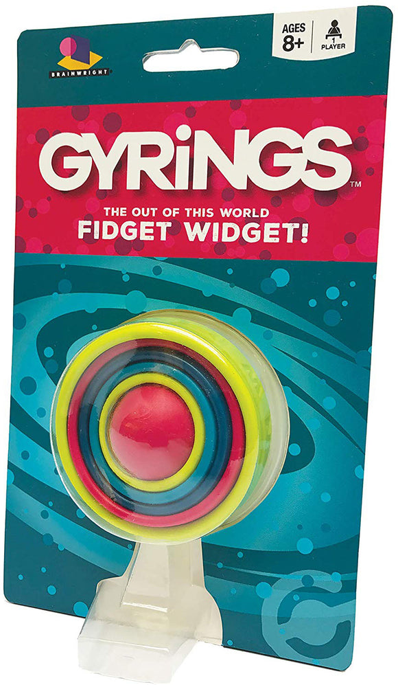The GYRiNGS fidget widget is a colorful spinning toy designed for tactile engagement. The packaging features vibrant colors and playful graphics, indicating it's suitable for ages 8 and up. The product promotes fidgeting, focusing, and stress relief.