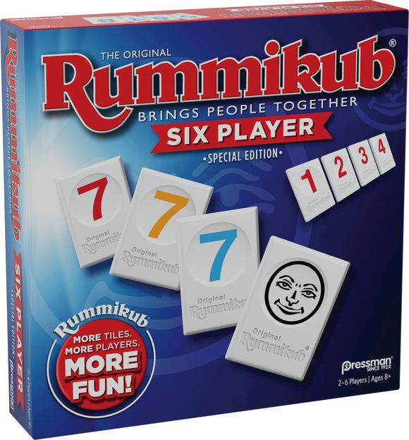 Rummikub: 6 Player Edition game box featuring colorful tiles and numbers. The box showcases the title prominently along with a cheerful character graphic. Perfect for family game nights and gatherings with 2-6 players. Designed for ages 8 and up.