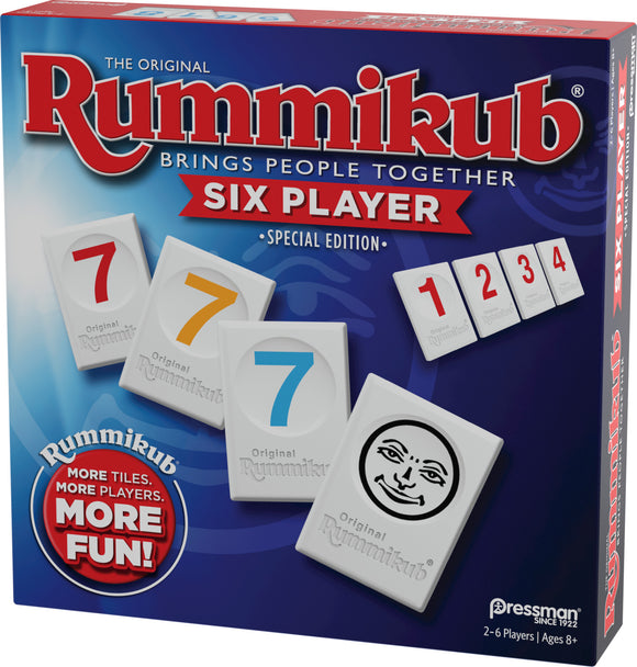Rummikub: 6 Player Edition game box featuring colorful numbered tiles, including a distinctive smiling tile. The design showcases the brand and highlights that it is a special edition for 2-6 players aged 8 and up, emphasizing fun and togetherness.