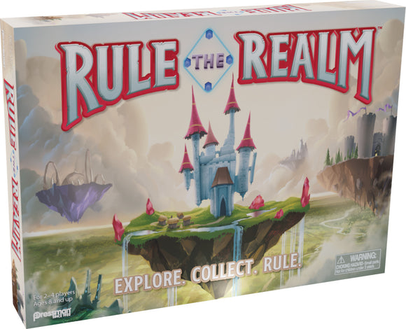The box for the game 'Rule the Realm' by Pressman Toy Corp. features vibrant artwork showcasing a fantasy landscape with floating islands, a majestic castle with pink turrets, and colorful gemstones. The text on the box reads 'EXPLORE. COLLECT. RULE.' The game is designed for 2 to 4 players and is suitable for ages 8 and up.