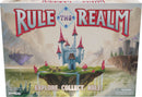 The box of 'Rule the Realm' board game by Pressman Toy Corp features a vibrant illustration of a fantasy landscape with a majestic castle surrounded by floating islands and colorful gems. The title is prominently displayed in bold red and gray letters, emphasizing the adventurous theme of exploring and collecting in a magical realm. Suitable for 2-4 players aged 8 and up.