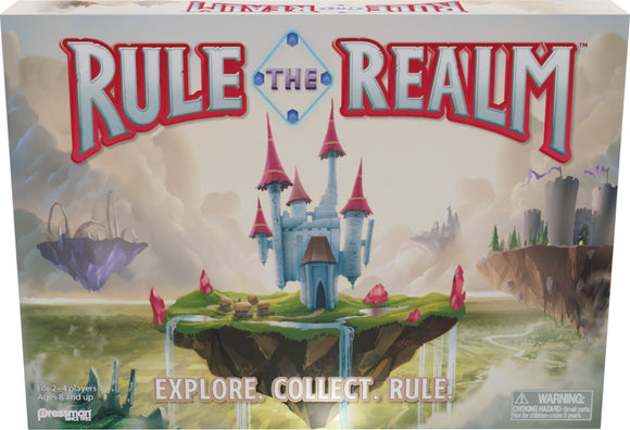 The box of 'Rule the Realm' board game by Pressman Toy Corp features a vibrant illustration of a fantasy landscape with a majestic castle surrounded by floating islands and colorful gems. The title is prominently displayed in bold red and gray letters, emphasizing the adventurous theme of exploring and collecting in a magical realm. Suitable for 2-4 players aged 8 and up.