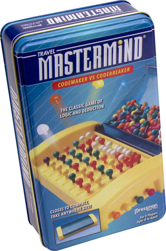 The Mastermind Travel Tin game by Pressman Toy Corp features a colorful board displaying pegs and spaces for logic-based gameplay. This compact game is designed for two players and emphasizes strategy and deduction skills. It is packaged in a portable tin, perfect for travel.