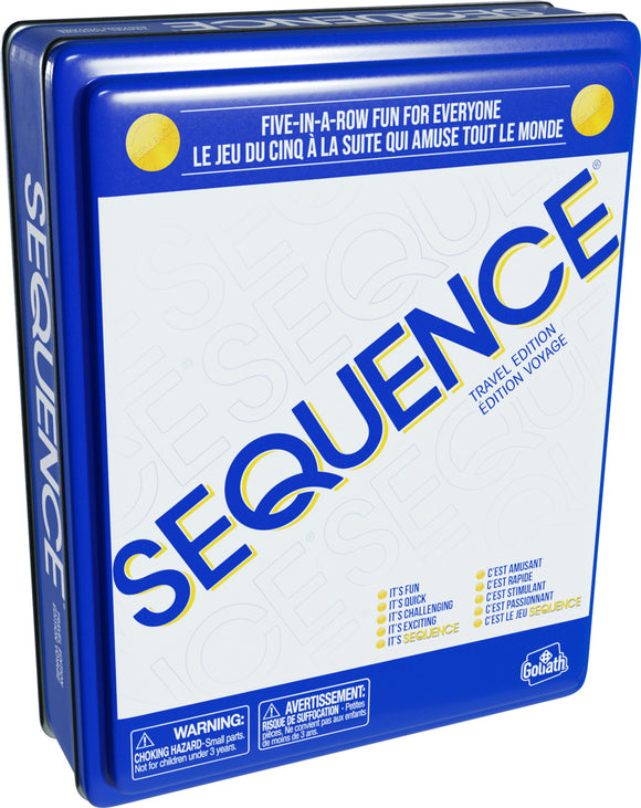Sequence Travel Tin by Goliath, featuring a vibrant blue tin case with the word 'SEQUENCE' prominently displayed. The tin contains a five-in-a-row strategy game suitable for all ages, designed for fun and entertainment during travel. The packaging highlights game benefits like fun, quick play, and excitement.