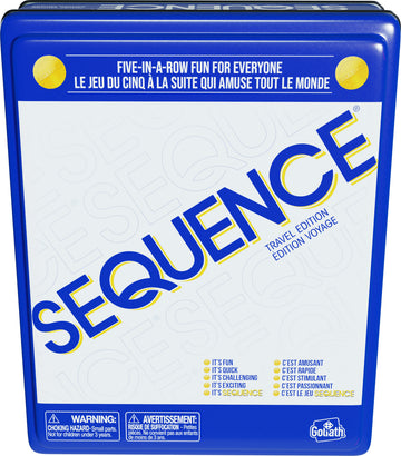 Sequence Travel Tin by Goliath, featuring a blue metal tin with bold yellow lettering. The front showcases the game title, 'Sequence,' along with key phrases highlighting its fun, quick, and challenging gameplay. There are warnings and multilingual instructions on the sides, emphasizing suitability for all ages.