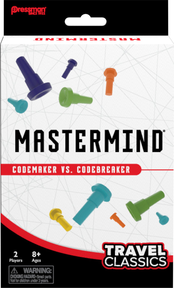 Mastermind Travel Classic game by Goliath. A strategic two-player game featuring colorful pegs for codemaker and codebreaker gameplay. Compact design perfect for travel, engaging for ages 8 and up.