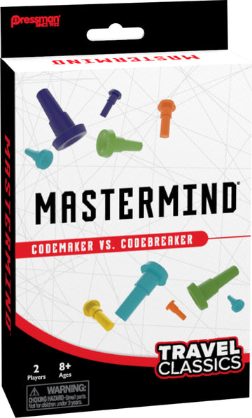 Mastermind Travel Classic game by Goliath featuring colorful pegs for the Codemaker vs. Codebreaker game. Designed for 2 players ages 8 and up, this compact travel version makes it easy to enjoy strategic gameplay on the go. The box showcases vibrant pieces in various colors, set against a geometric background, perfect for brain teasers and family fun.