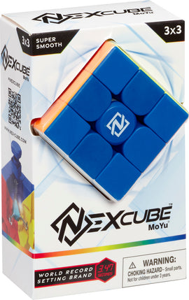 NexCube 3x3 mechanical puzzle featuring a vibrant blue design, showcasing high-speed, super smooth rotation capabilities. The packaging highlights the world record setting performance of the brand, making it perfect for puzzle enthusiasts.