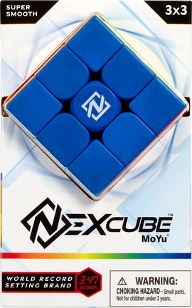 NexCube 3x3 mechanical puzzle featuring a blue design and the NexCube logo at the center. The packaging highlights its super smooth performance and a world record time of 3.47 seconds, indicating its high speed and efficiency for competitive solving.