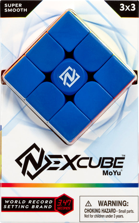 NexCube 3x3 mechanical puzzle featuring a blue design and the NexCube logo at the center. The packaging highlights its super smooth performance and a world record time of 3.47 seconds, indicating its high speed and efficiency for competitive solving.