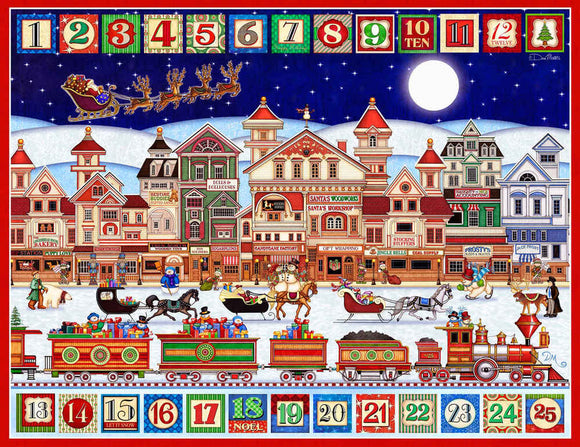 A vibrant jigsaw puzzle illustration titled 'And to all a Good Night - 400' by Springbok, depicting a festive winter scene with charming houses, snow-covered streets, a horse-drawn sleigh, and a train carrying Christmas gifts under a starry sky.