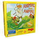 Animal Upon Animal game box by HABA featuring colorful cartoon animals stacked on top of each other. The illustration includes a crocodile, various farm animals, and children, promoting motor skills and hand-eye coordination. The box highlights the game's 10th anniversary.