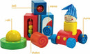 HABA First Blocks game featuring colorful wooden blocks in various shapes. Includes a smiling character with a striped hat, a mirror block, and a rolling bell. Each block has interactive elements like a bell, a mirror, vibrant colors, and shapes, designed to stimulate sensory exploration and encourage fine motor skills in children.