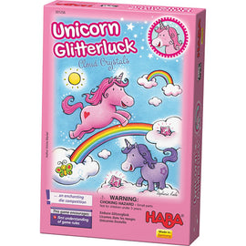 The Unicorn Glitterluck Cloud Crystals game by Haba features a colorful box illustration with playful unicorns, rainbows, and sparkling crystals. The design is vibrant and inviting, perfect for children. It includes a warning about small parts for safety.