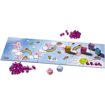 Unicorn Glitterluck Cloud Crystals game by Haba, featuring vibrant game board with colorful clouds, rainbows, and playful unicorn figures surrounded by shiny pink and purple crystals. A captivating family game designed for interactive fun and imaginative play.