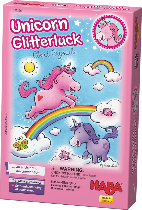 Unicorn Glitterluck Cloud Crystals game by Haba. The vibrant box features cute unicorns, rainbows, and clouds, promoting an enchanting competition. Ideal for young children to learn game rules in a fun, colorful setting.