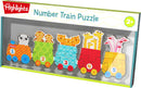 Colorful Number Train puzzle by HABA featuring five train cars with playful animal illustrations, including a panda and giraffes. Designed for toddlers aged 2 and above, this jigsaw puzzle encourages early learning and fine motor skills through engaging play.
