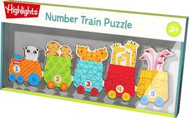 Colorful Number Train puzzle by HABA featuring five train cars with playful animal illustrations, including a panda and giraffes. Designed for toddlers aged 2 and above, this jigsaw puzzle encourages early learning and fine motor skills through engaging play.