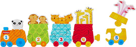 Colorful jigsaw puzzle featuring a train design with animal figures. The train has five cars, each brightly colored with playful animal illustrations, including a panda, monkeys, tigers, giraffes, and flamingos, engaging children in imaginative play and learning about numbers.