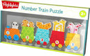 A colorful jigsaw puzzle featuring a train with animals. The train cars include a panda, monkeys, cats, giraffes, and flamingos, each corresponding to numbers 1 to 5. The product is packaged in a vibrant box labeled 'Number Train Puzzle' suitable for children aged 2 and up.