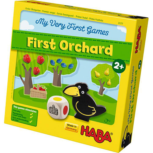 My First Orchard game by HABA USA, featuring colorful illustrations on the box. The box displays trees with apples, a basket, a playful crow figure, and a colorful dice. This engaging game is designed for children aged 2 and up, emphasizing fun learning about colors and teamwork.